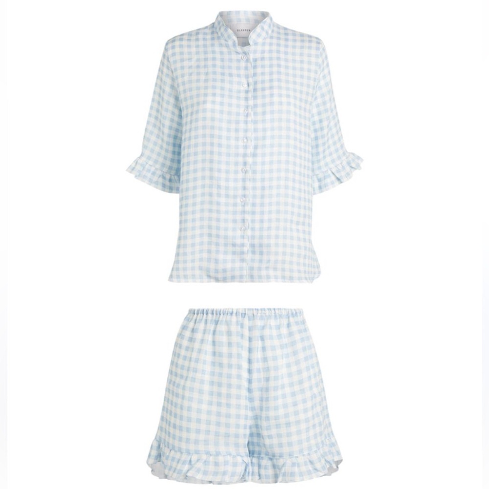 Daily sleeper blue white gingham linen pj lounge set
